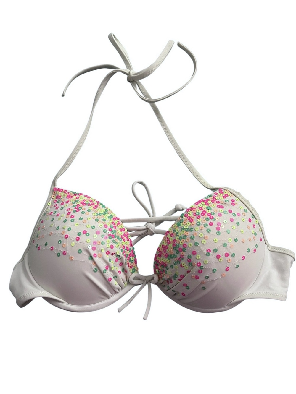 Victoria’s Secret White Padded Push Up Pink Green Sequin Bikini Swim Top 34B